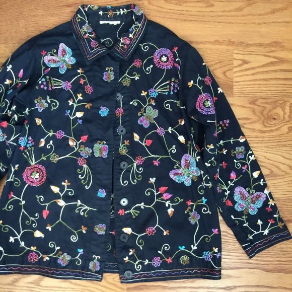 THE QUACKER FACTORY EMBROIDERED FLORAL BEADED JACKET WOMENS M BLACK GLAM BOHO - Picture 4 of 11